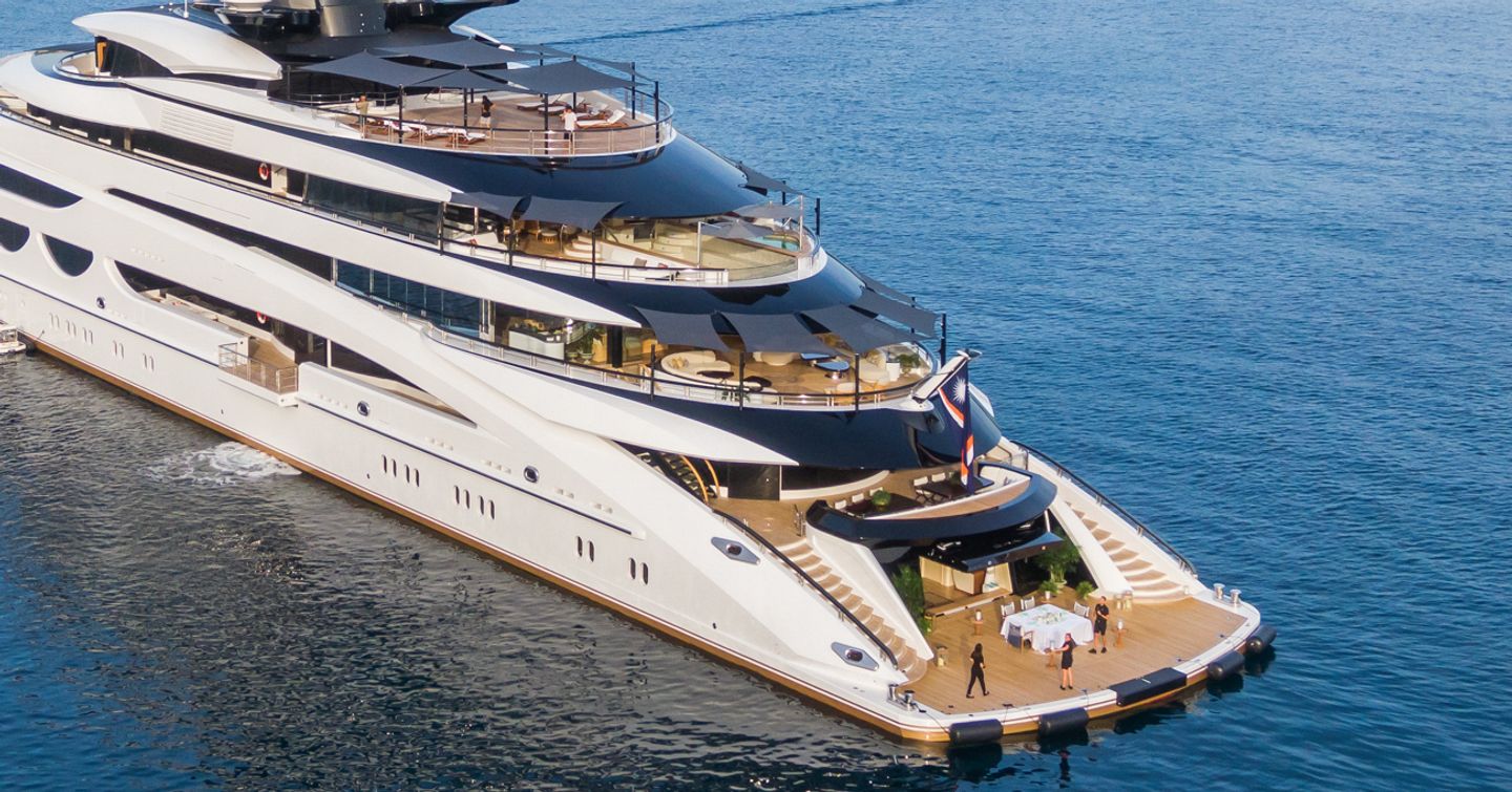 Close up of Superyacht Ahpo aft decks at anchor