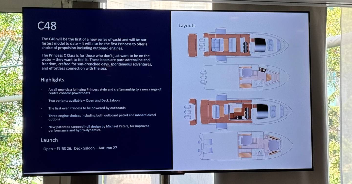 Image of presentation slide on new Princess C48 at Cannes 2025