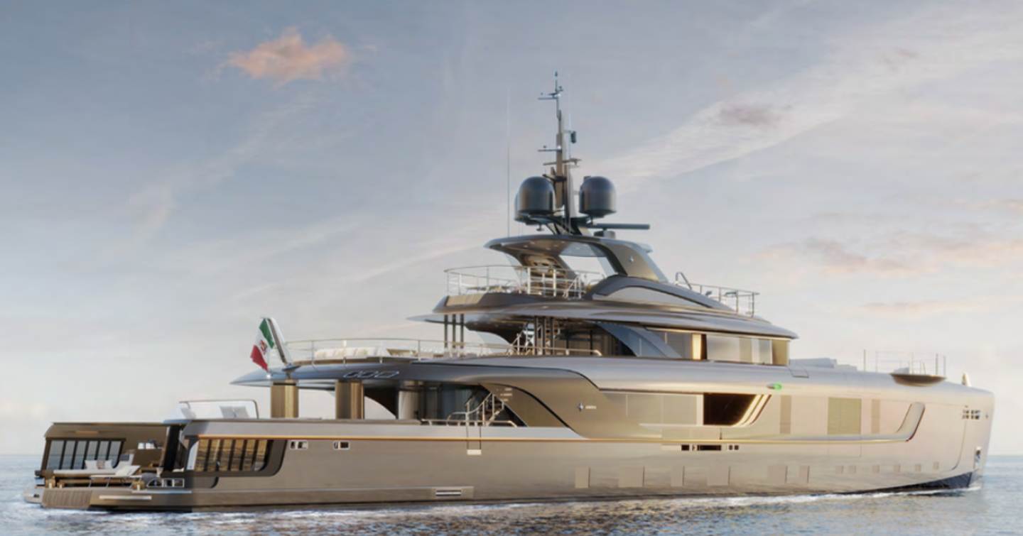 A render of RAJA's stern and starboard side showing the extensive beach club