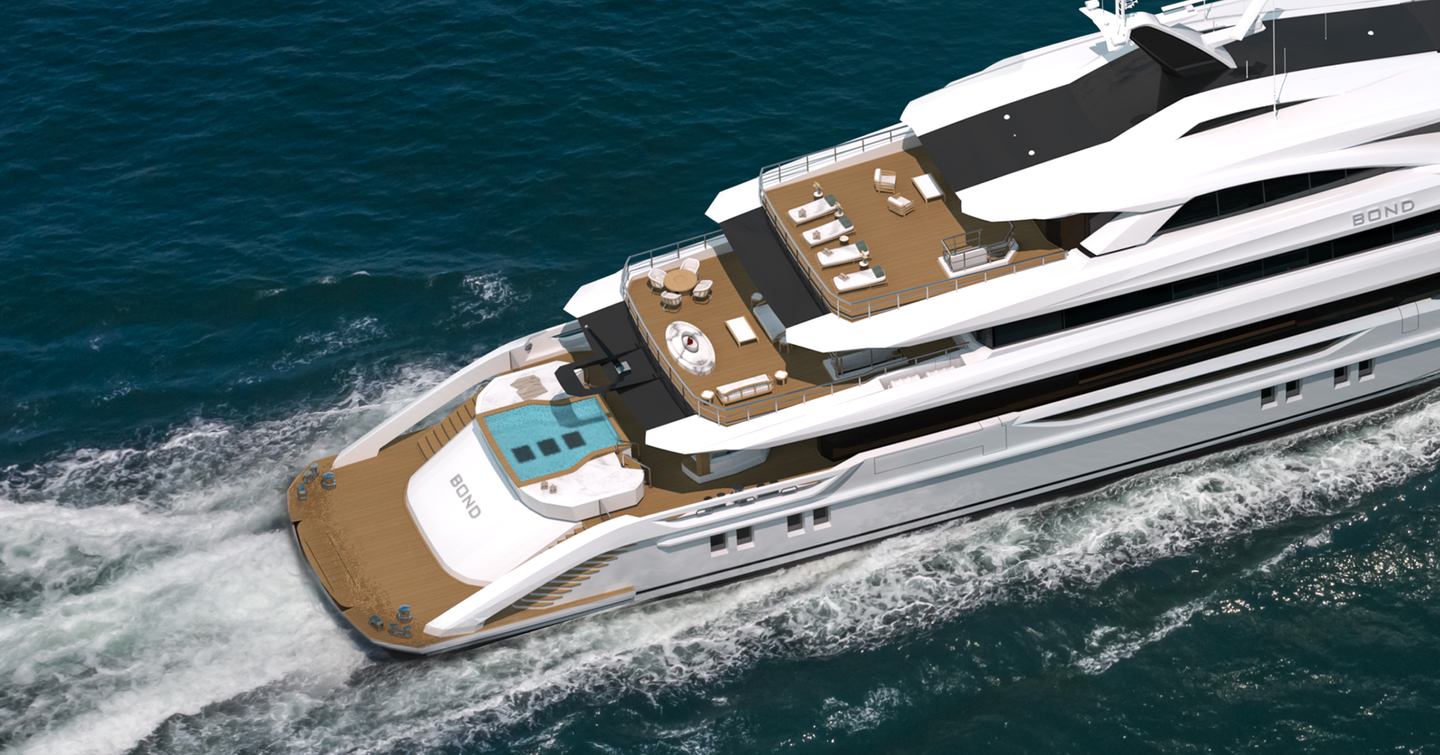 Aerial view of Bilgin superyacht Project Bond aft deck with beach club infinity pool