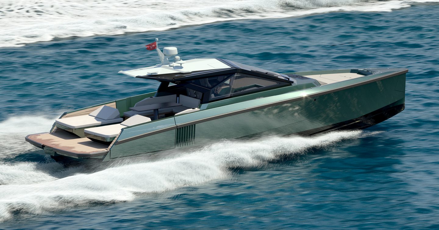 wallypower50 powerboat by Wally shown in running shot at speed in calm waters, other wake in background indicates another boat making way