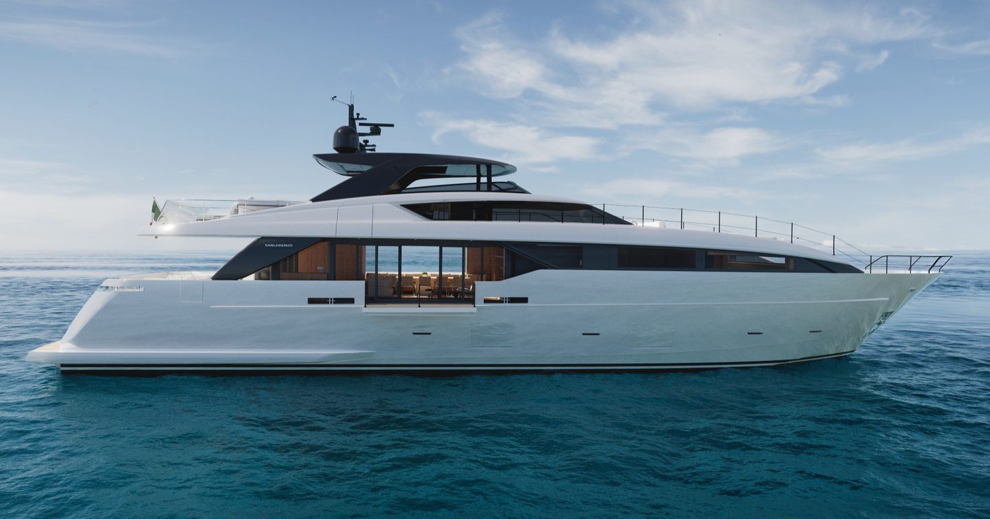 Rendering of Sanlorenzo S110 Asymmetric motor yacht at anchor 