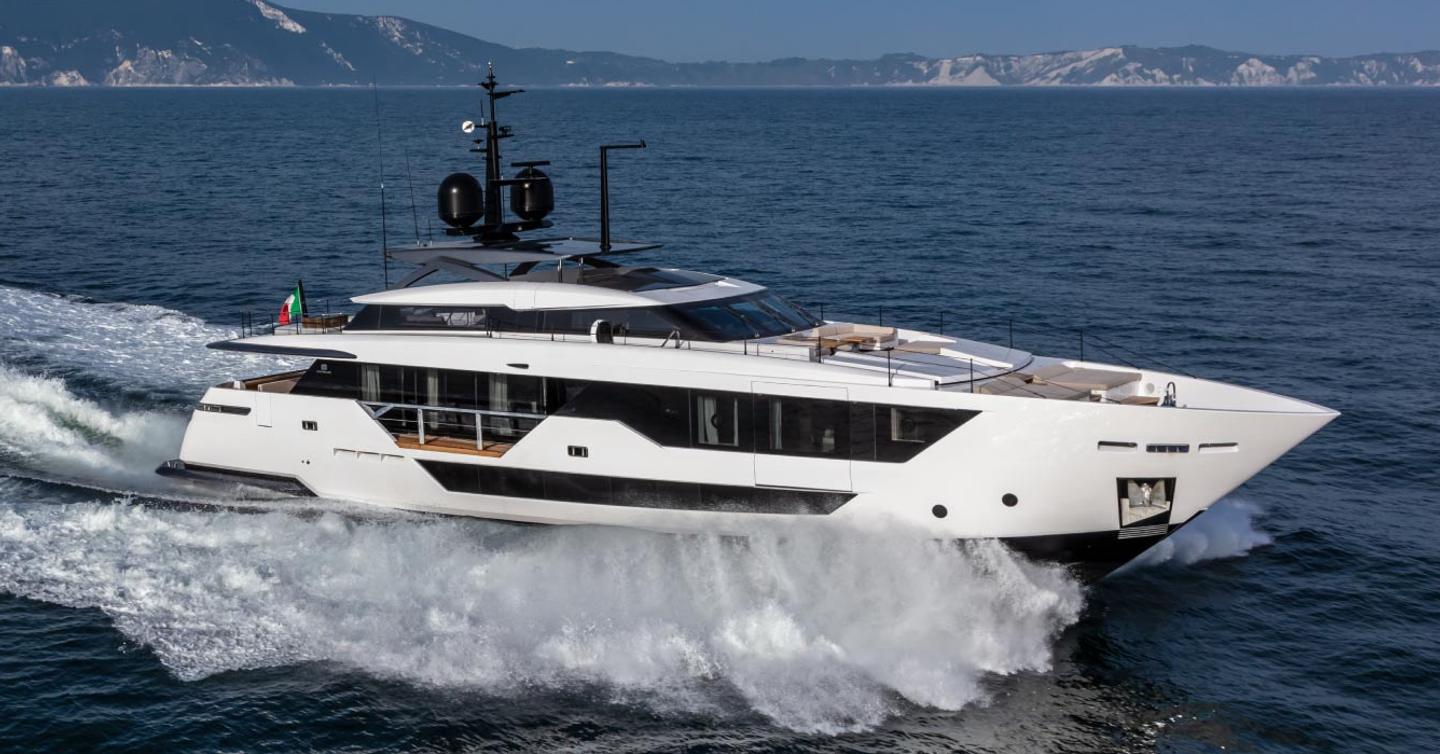 Custom Line Saetta 106 motor yacht under way 