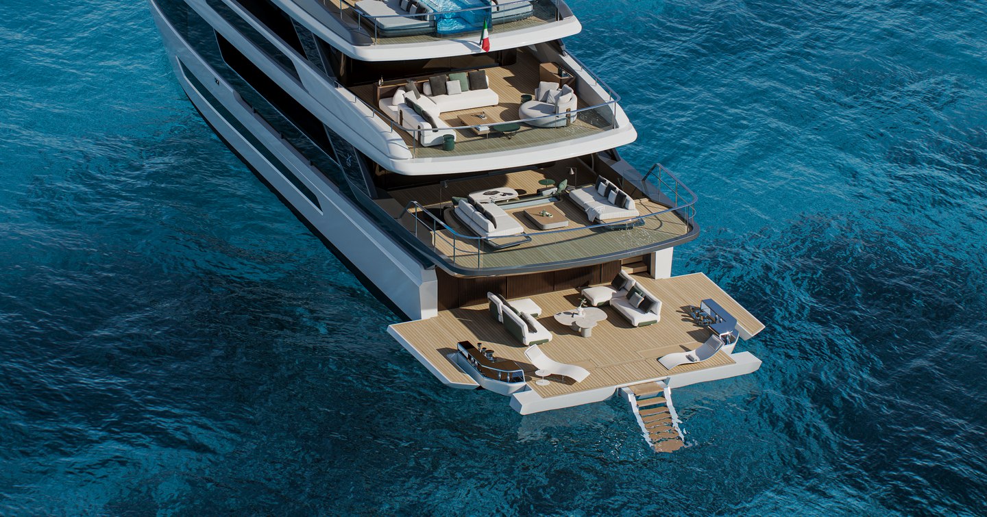 Rendering of Extra Yachts X130 Triplex motor yacht beach club with fold out sides 