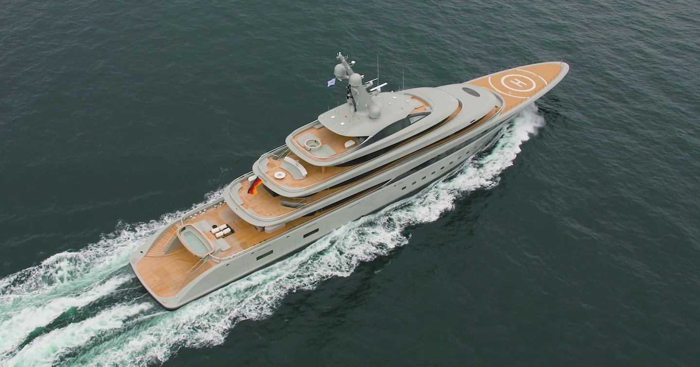 Aerial view of superyacht under way 