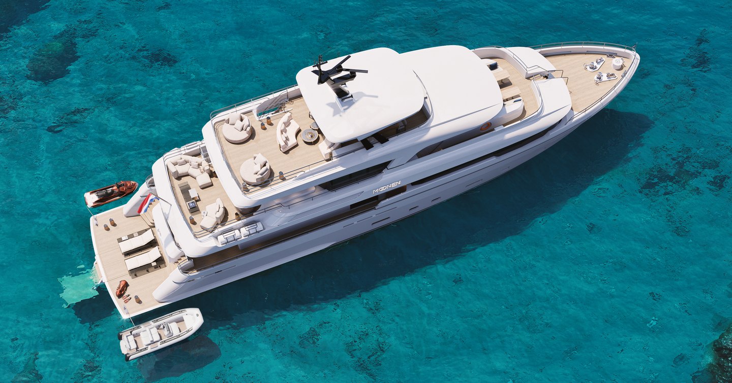 Rendering of Moonen 122 Martinique motor yacht at anchor
