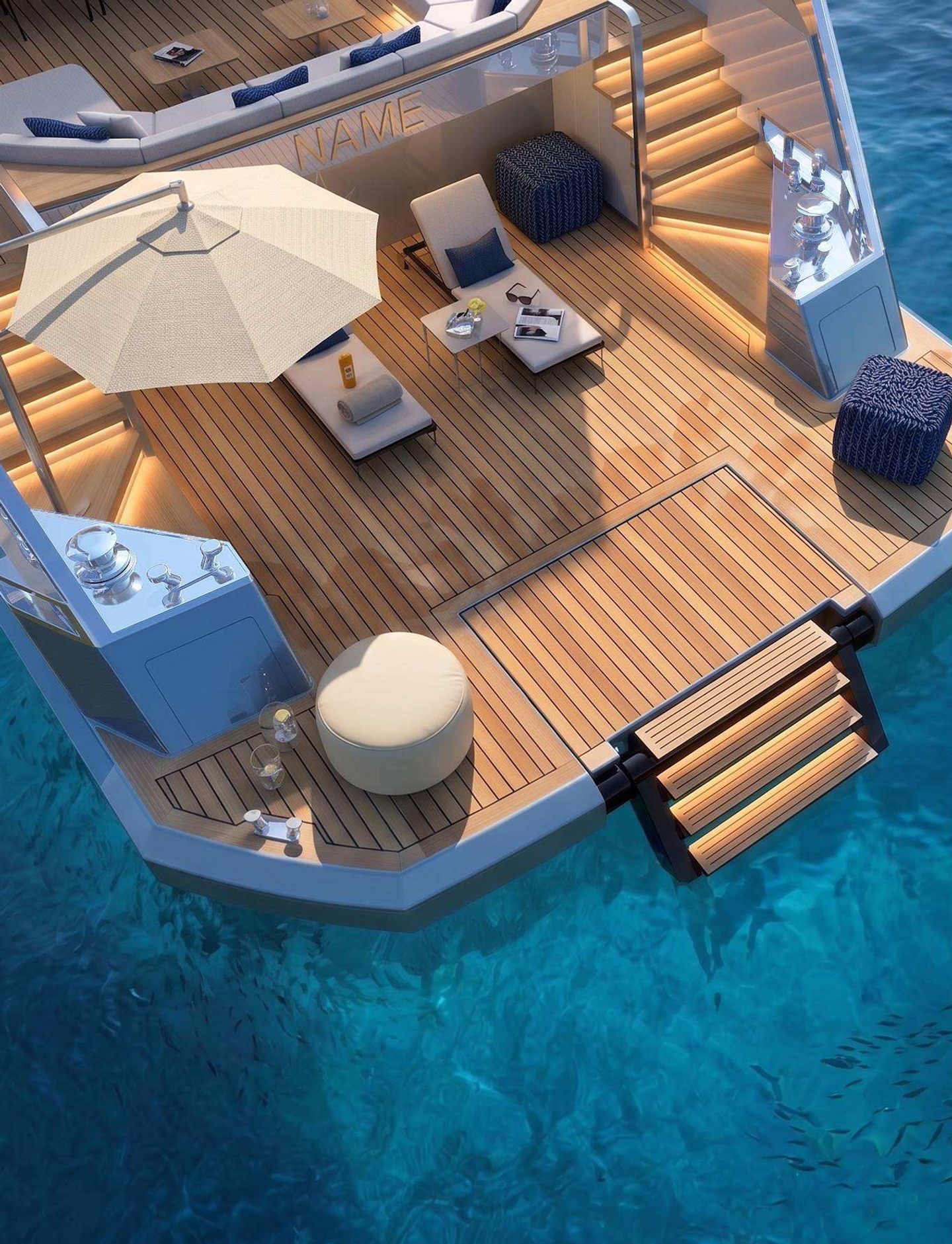 Aerial Rendering of Antonini Navi XPD95 Motor Yacht stern and beach club 