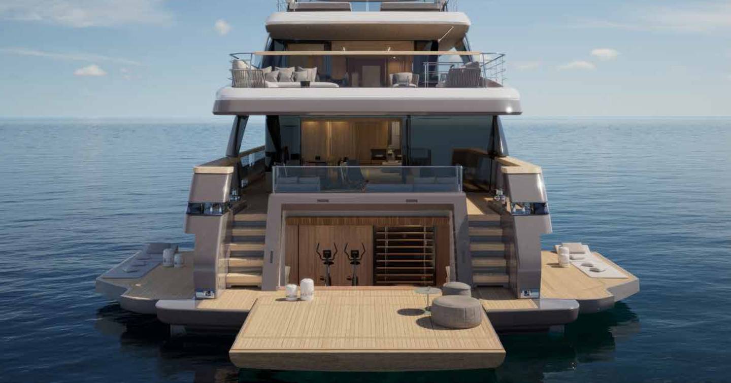 Rendering of Sanlorenzo SD132 motor yacht stern with extended beach club 
