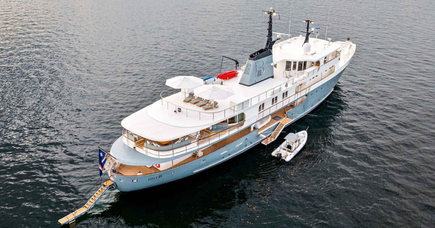 Amels expedition yacht at anchor stern view 