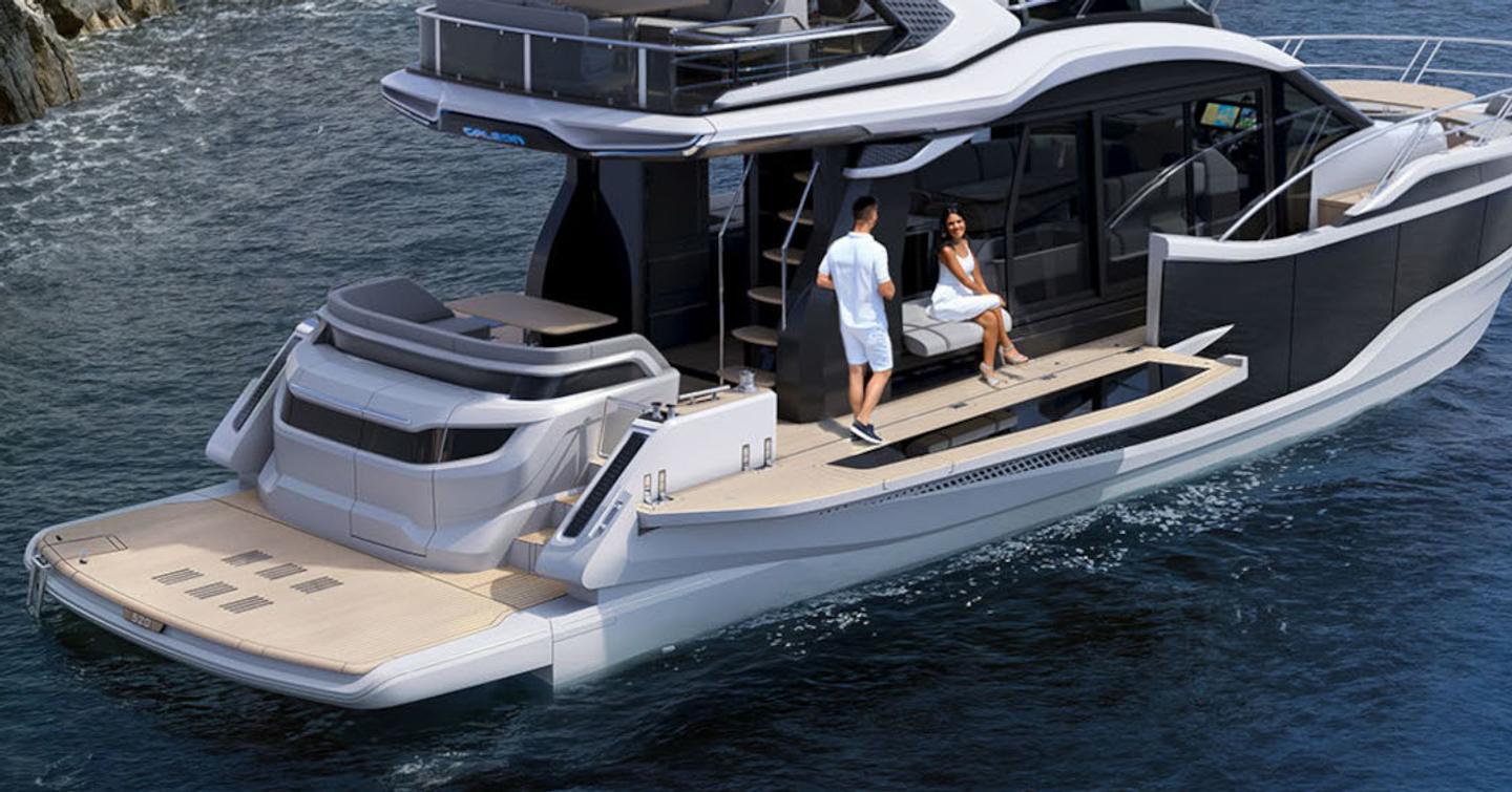 Rendering of Galeon Yachts 520 FLY motor yacht at anchor with fold down aft balconies
