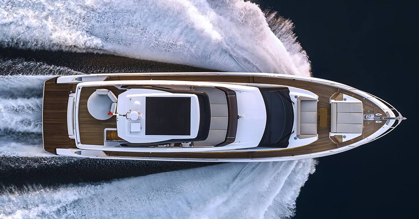Ferretti 720 underway aerial view 