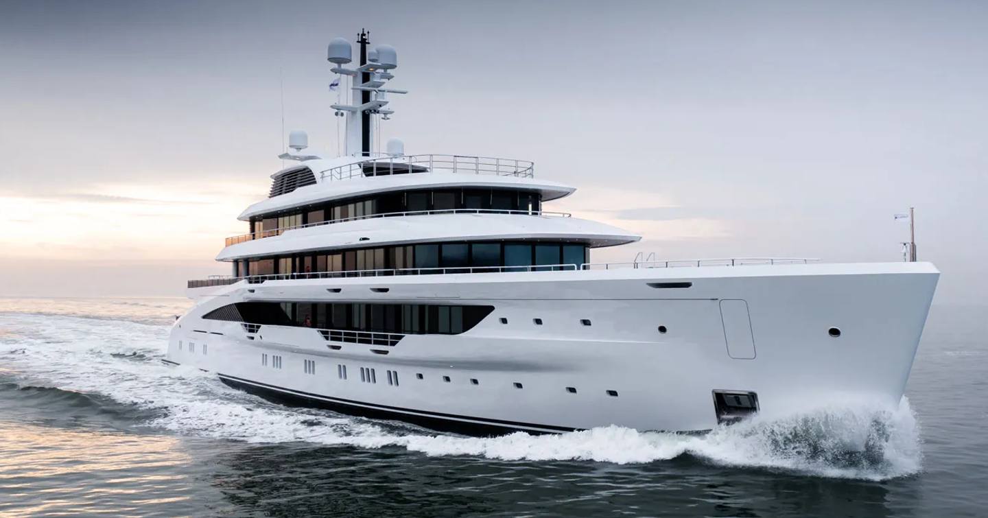 Amels yacht ENERGY shown in running shot in calm sea on grey day, shot toward starboard bow and along side profile, yacht making wash