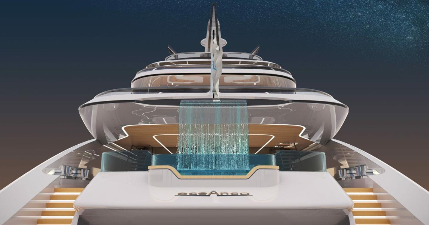 The aft pool aboard Oceanco Project VOLARE boasts a waterfall