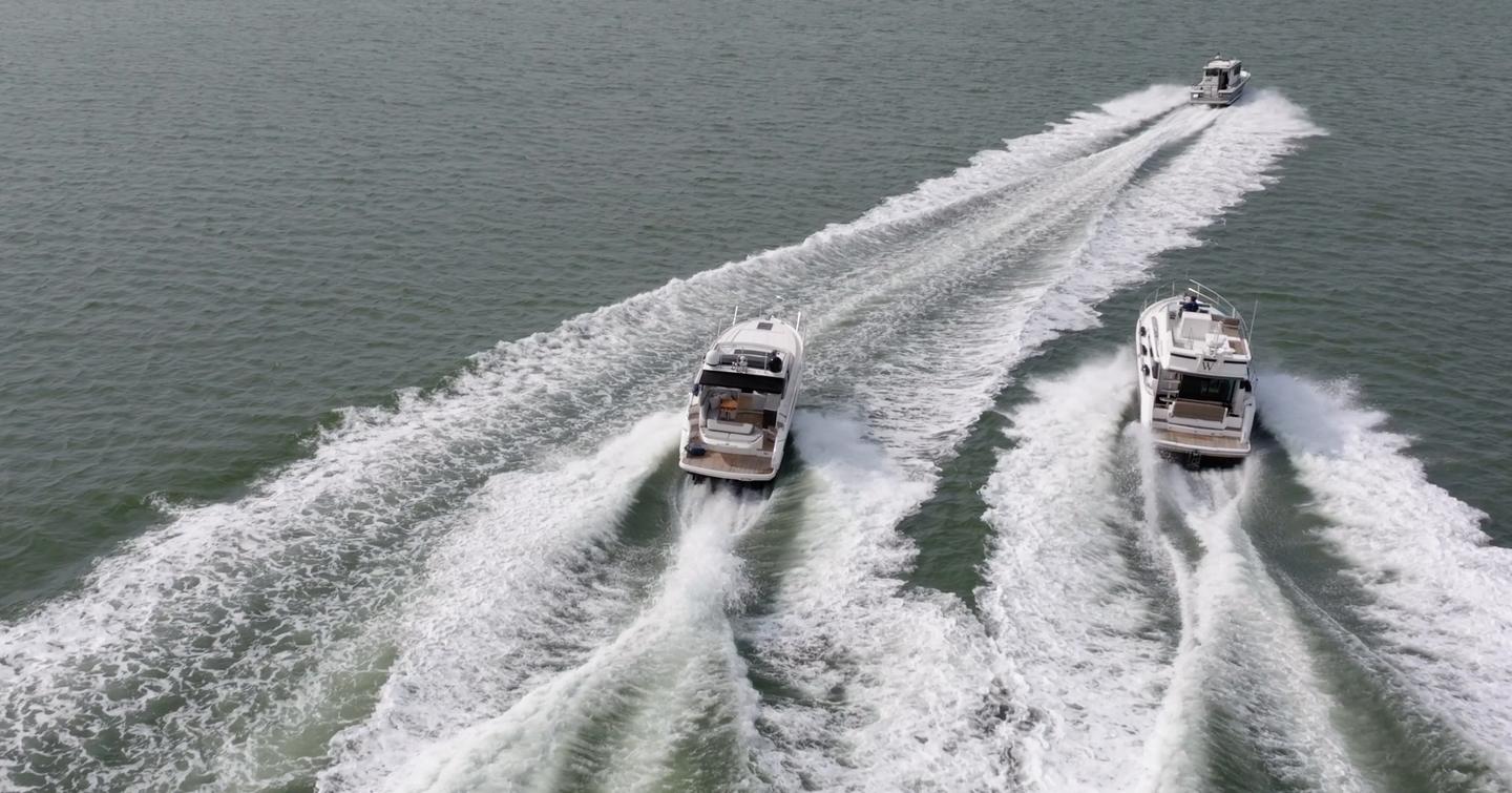 Aerial view of the Botnia Targa 32 pulling well ahead of the Princess V39 and Fairline Squadron 42 during YachtBuyer's £300,000 used boat race.