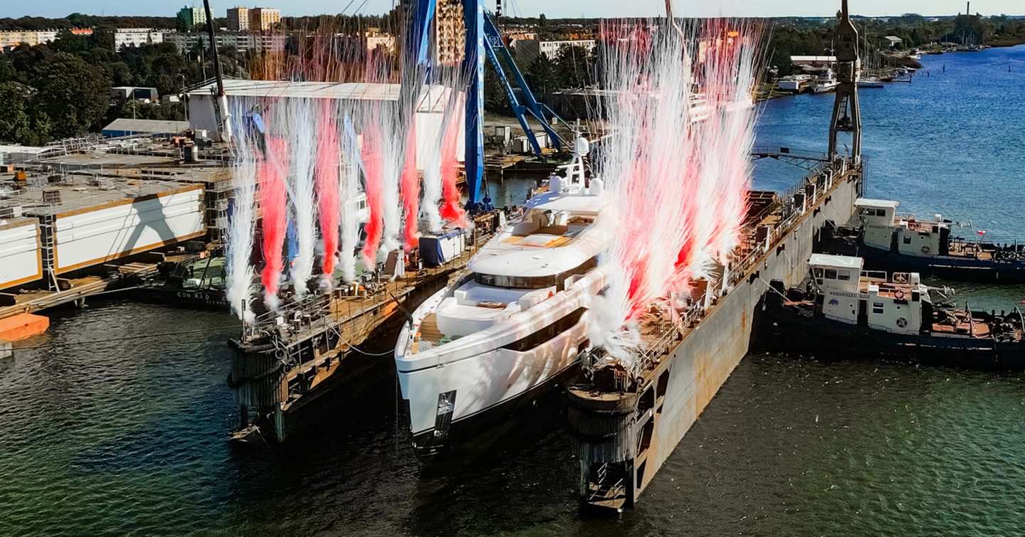 Superyacht Miss Leen at launch with red and white confetti 