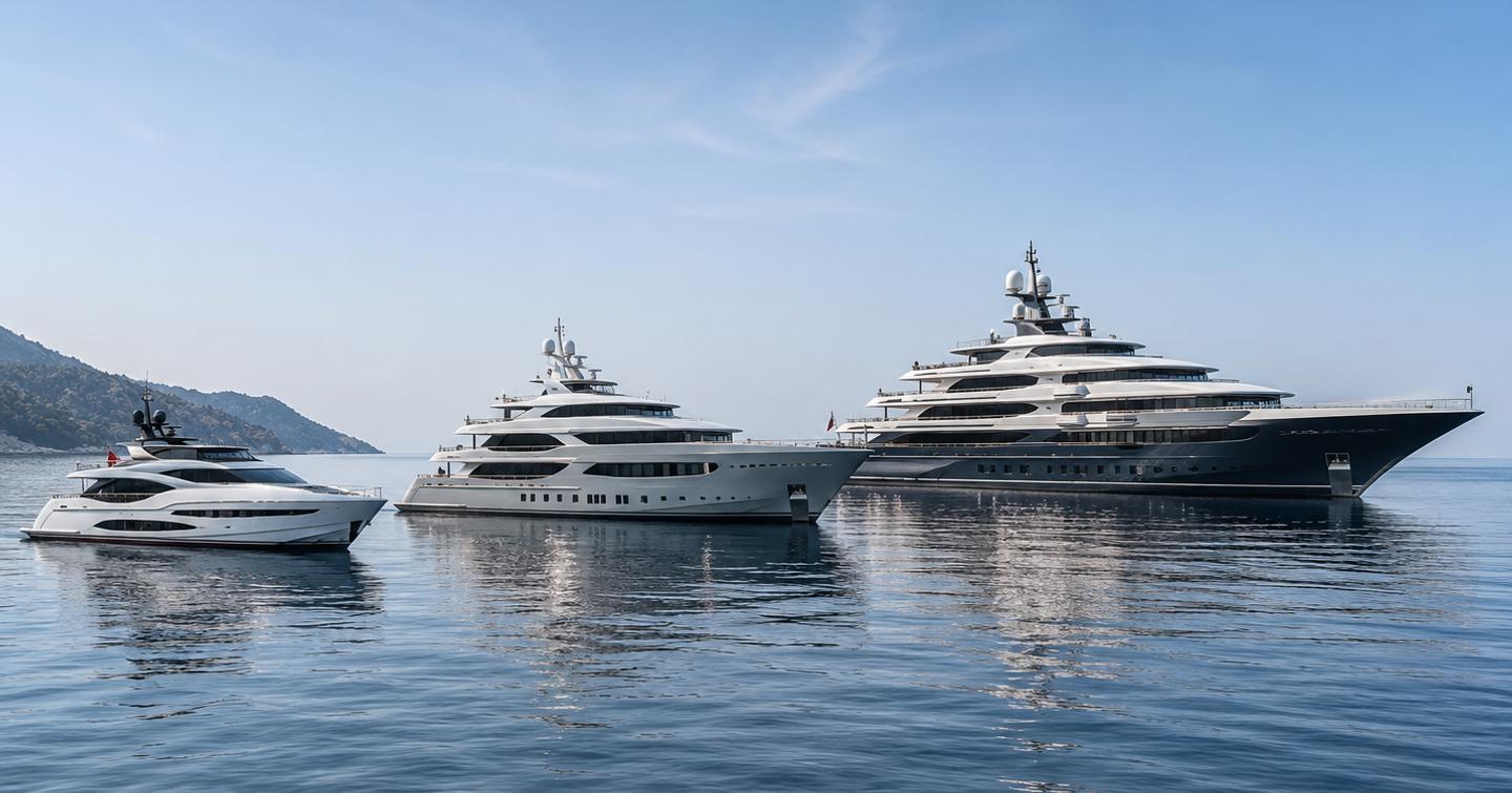 Luxury motor yachts from 50m to 100m+ at anchor  