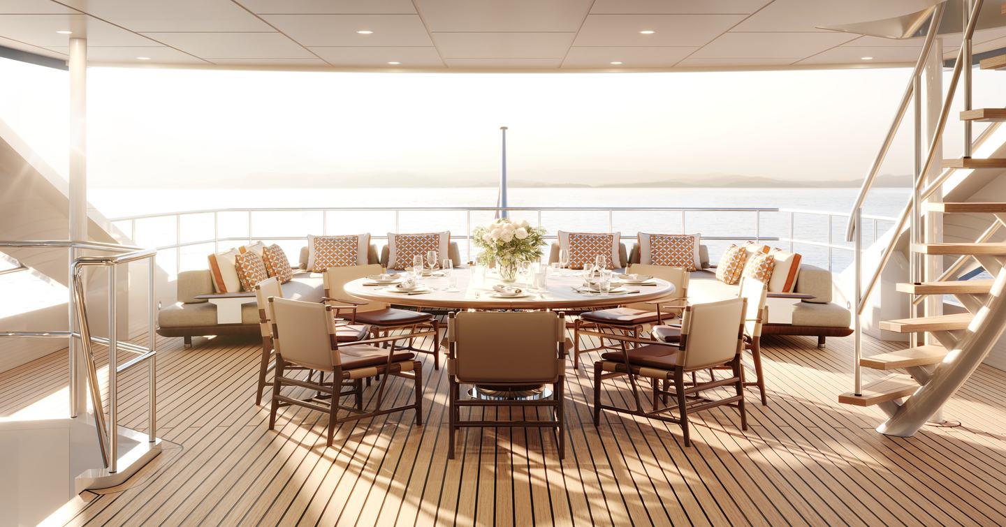 Superyacht Book Ends' aft deck circular dining table