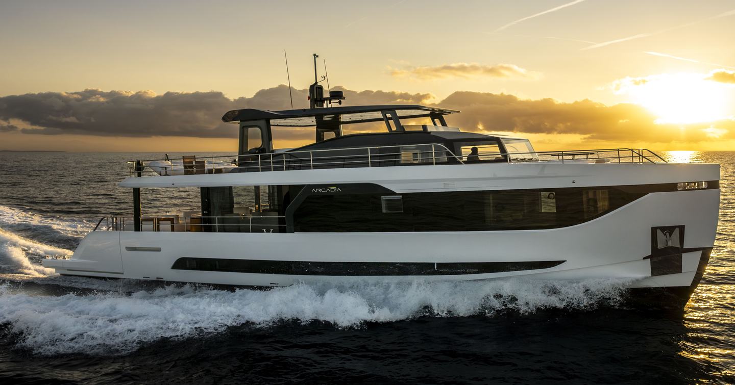 Second Arcadia A80 motor yacht underway side view 