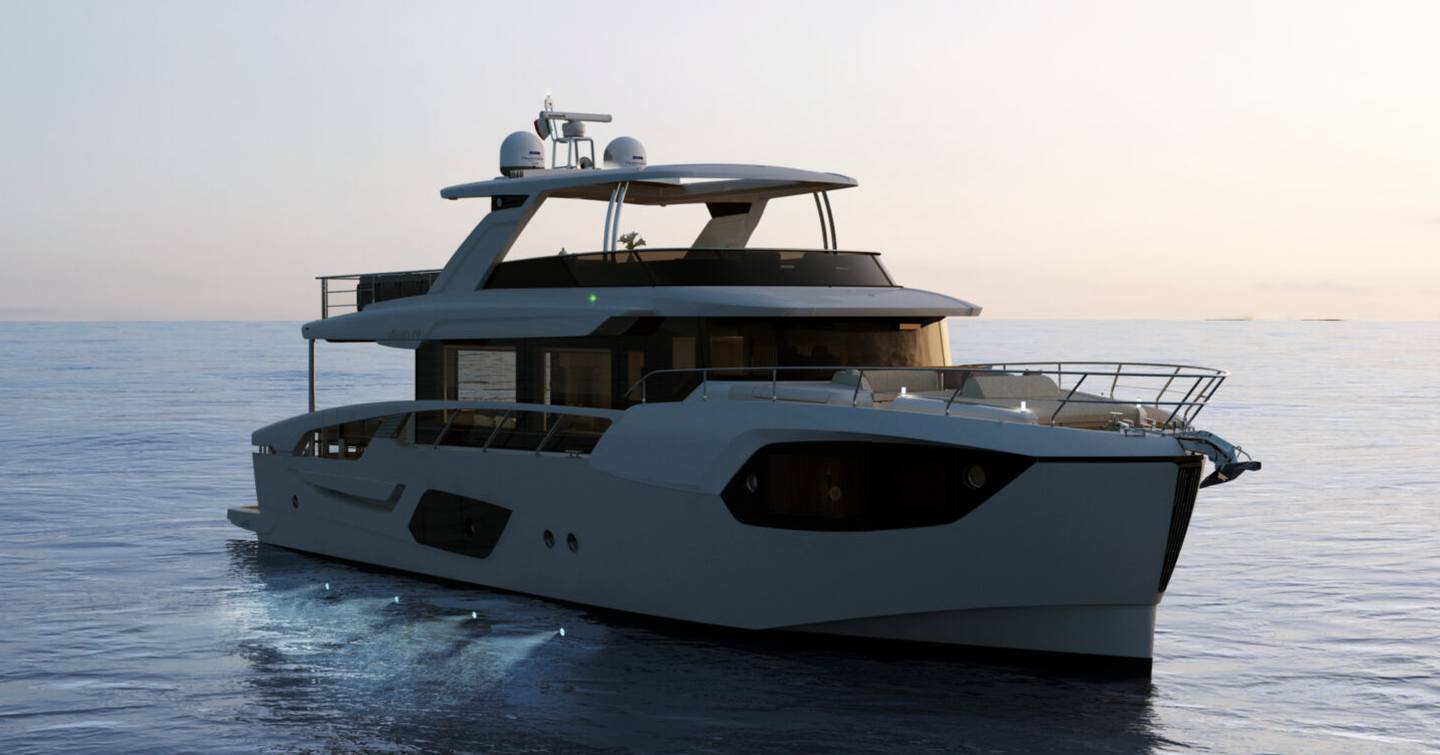 Absolute Navetta 70 yacht at anchor bow view 