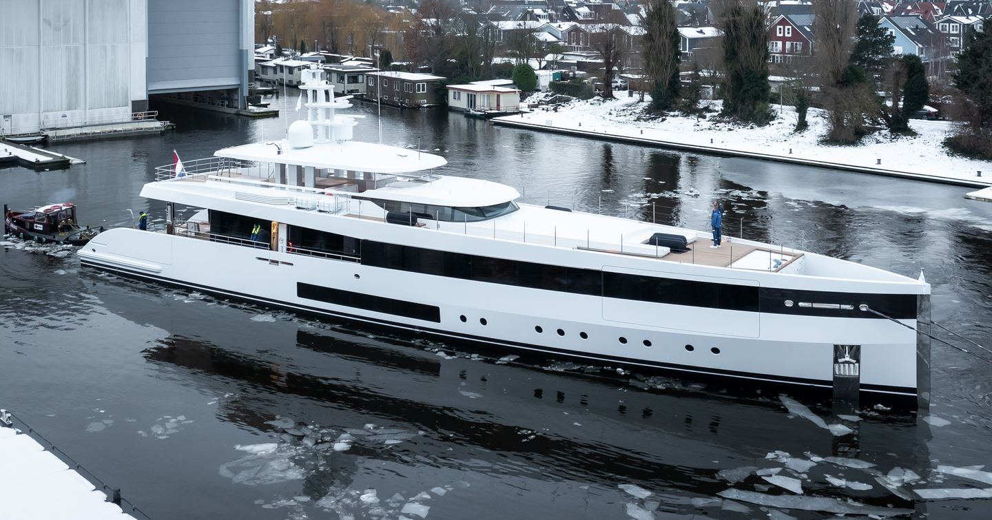 Feadship Project 717 superyacht outside Feadship shipyard 