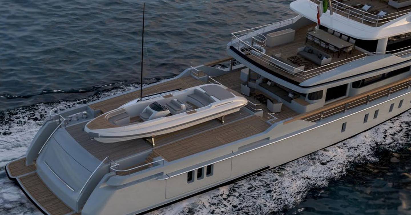 Rendering of Sanlorenzo 500 Exp under way with tender