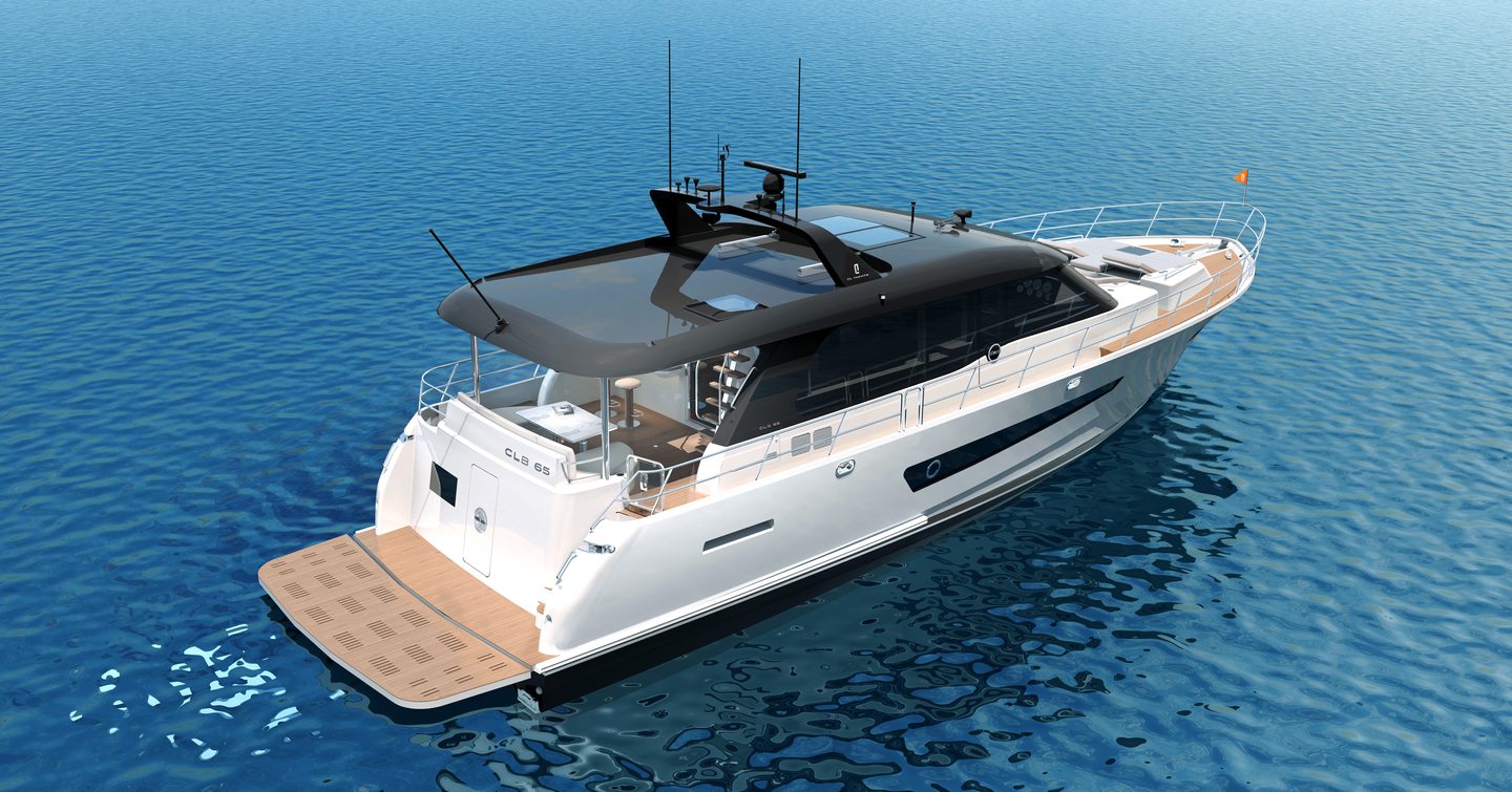 Rendering of CL Yachts CLB65 SUV motor yacht at anchor 