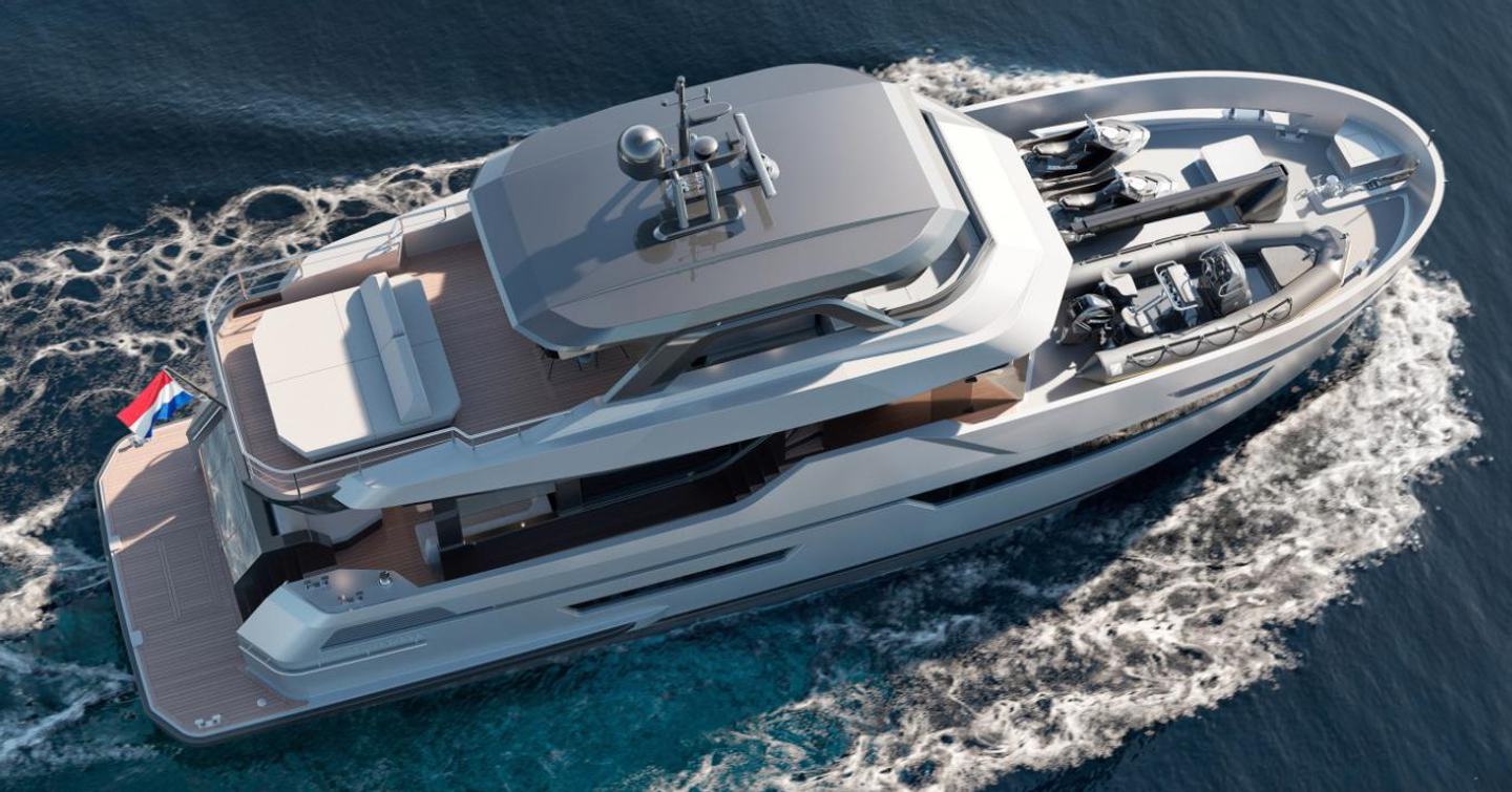 An aerial render of the Outer Reef Adventure 780 Series explorer yacht