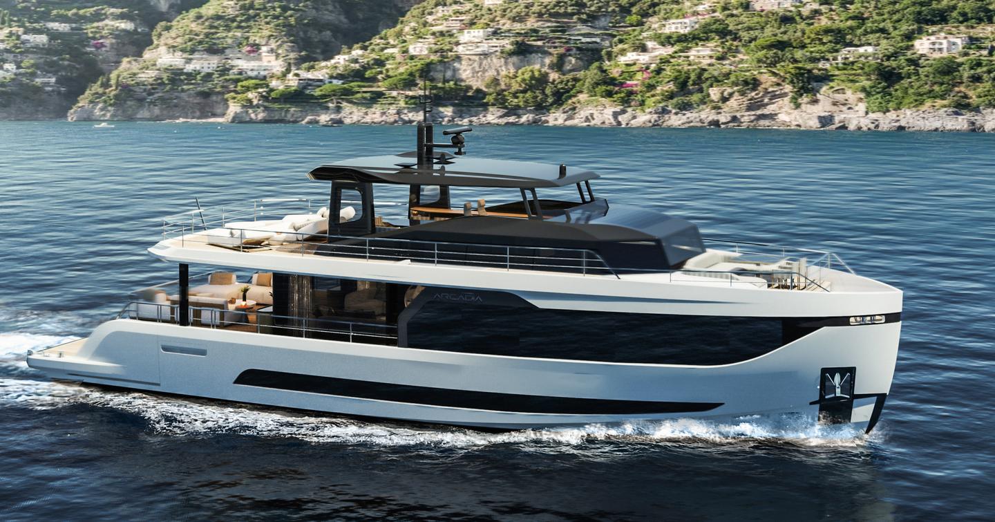 rendering of Arcadia A80 motor yacht under way