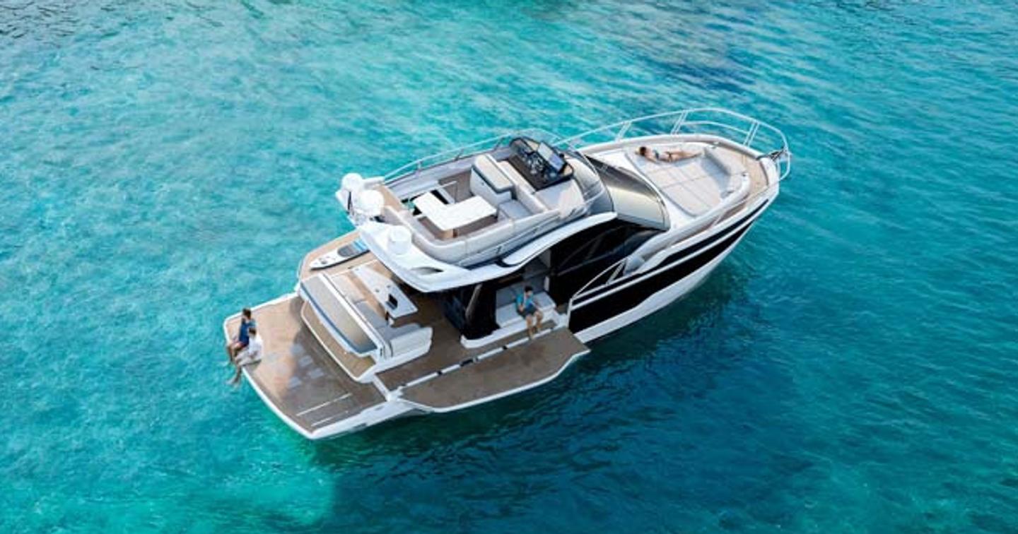 Galeon 420 Fly yacht at anchor aerial view 