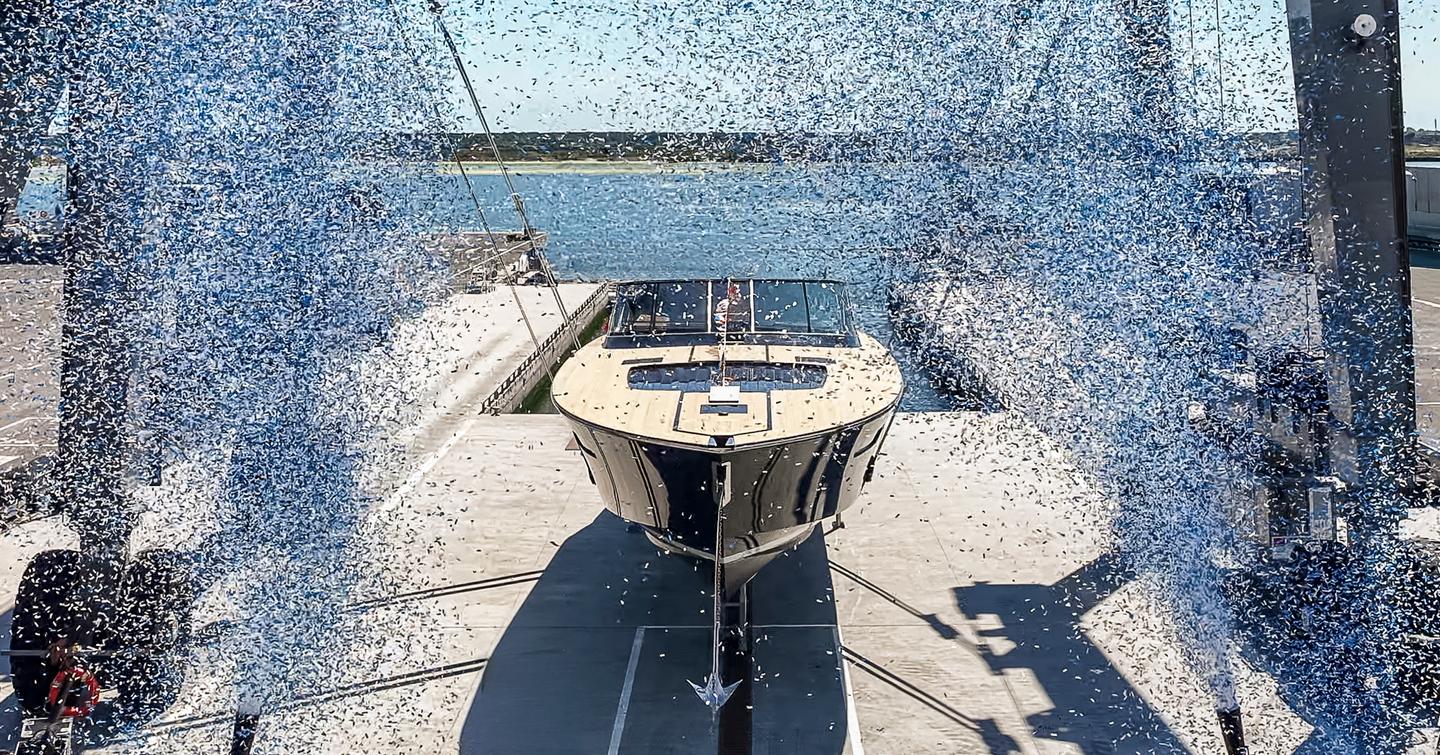 First Itama 70 motor yacht launch celebration view of bow
