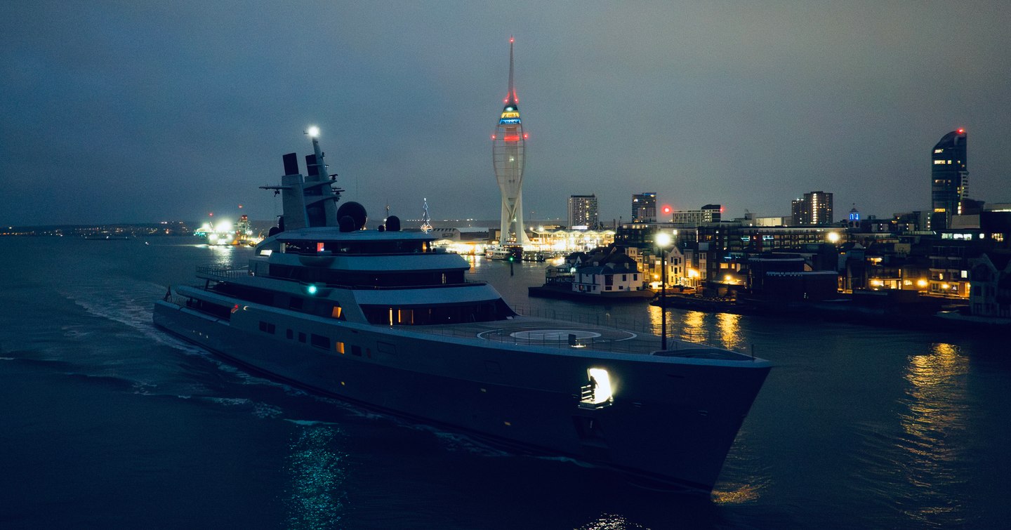 Superyacht DRAGONFLY at night in Portsmouth