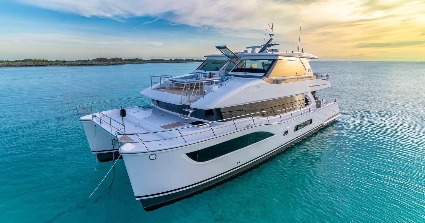 Horizon PC68 catamaran at anchor side view 