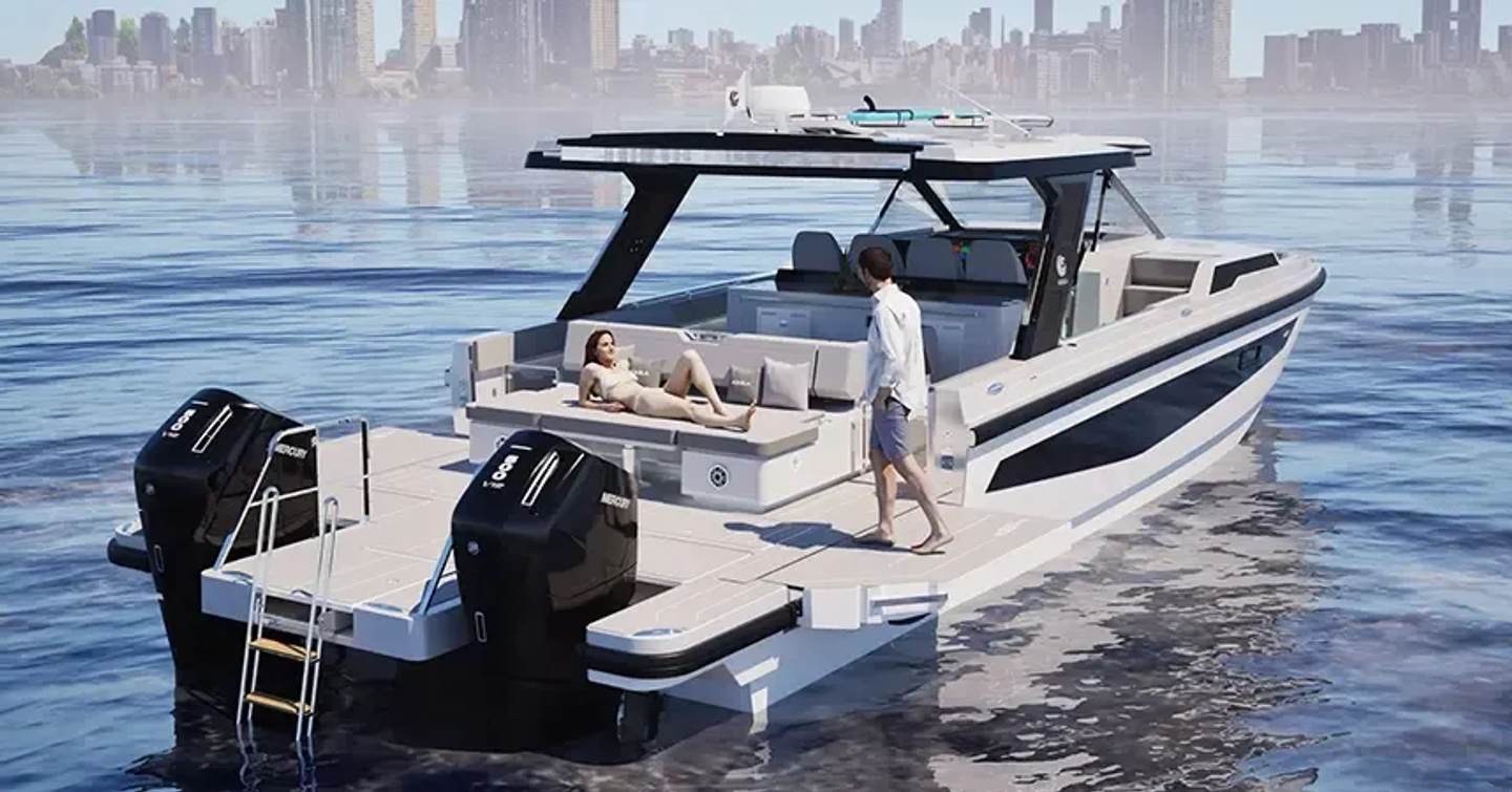 Rendering of Aquila 45 Sport boat at anchor with woman lounging on sunpads 