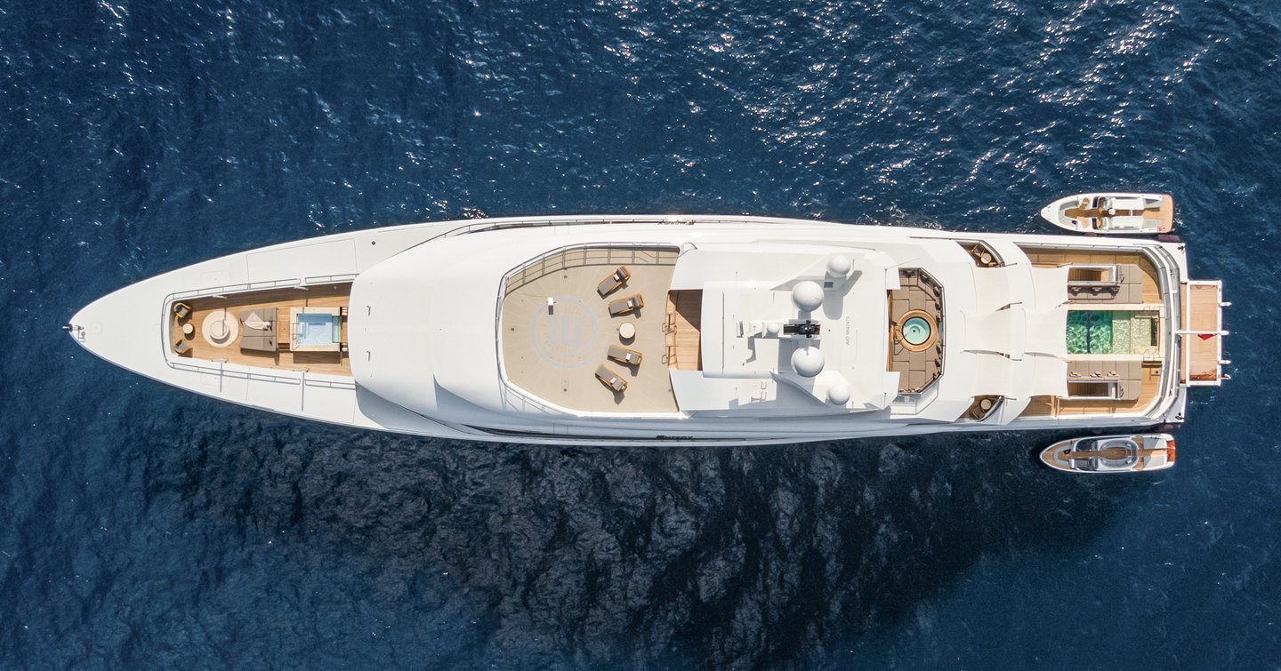 Aerial view of Superyacht Energy at anchor