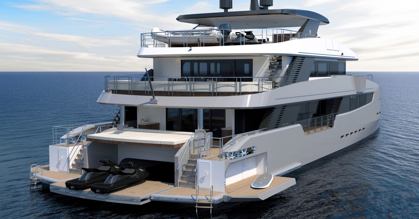 Rendering of CL Yachts CLC115 catamaran beach club with fold out balconies and tenders
