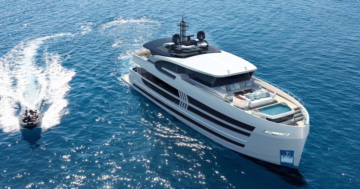 Rendering of Lazzara UHV 100 motor yacht under way with jet tender next to it