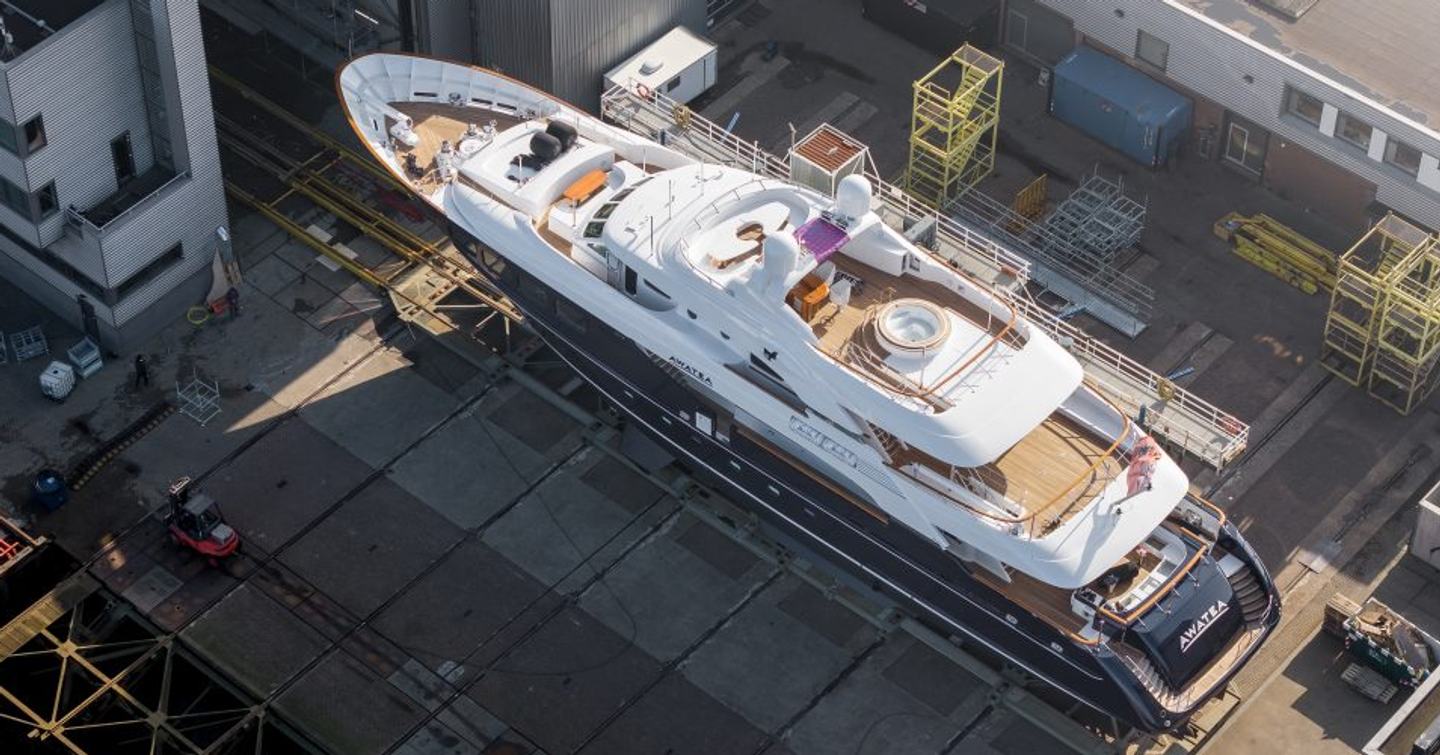 Aerial view of Royal Hakvoort Superyacht Awatea on way to relaunch with sundeck jacuzzi