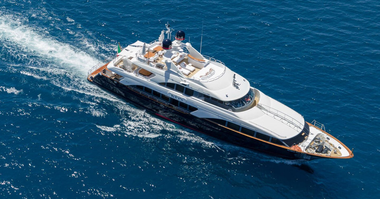 Aerial view of Benetti Classic 120 Superyacht Kos under way 