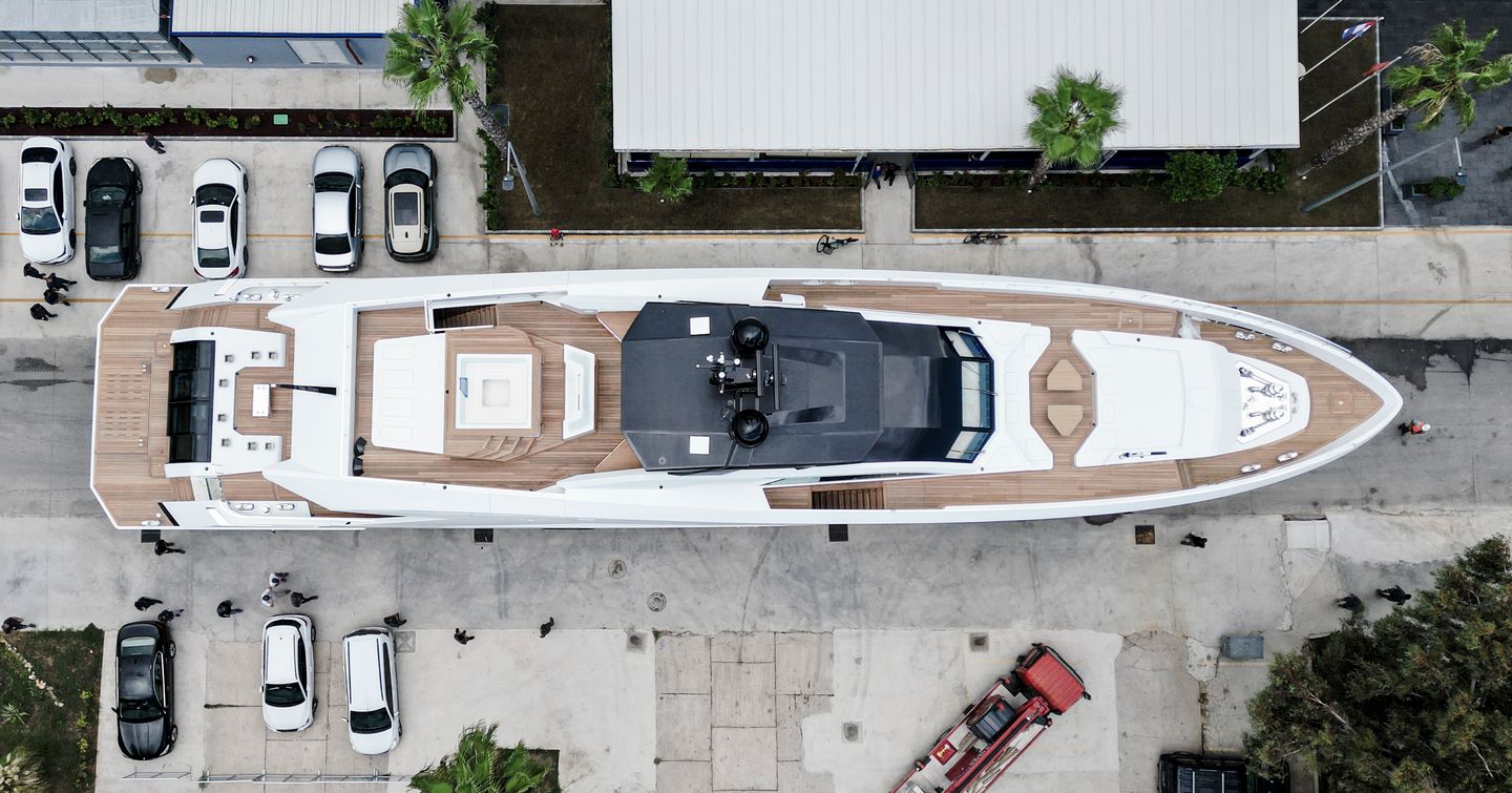 Aerial view of Superyacht Ximena at launch