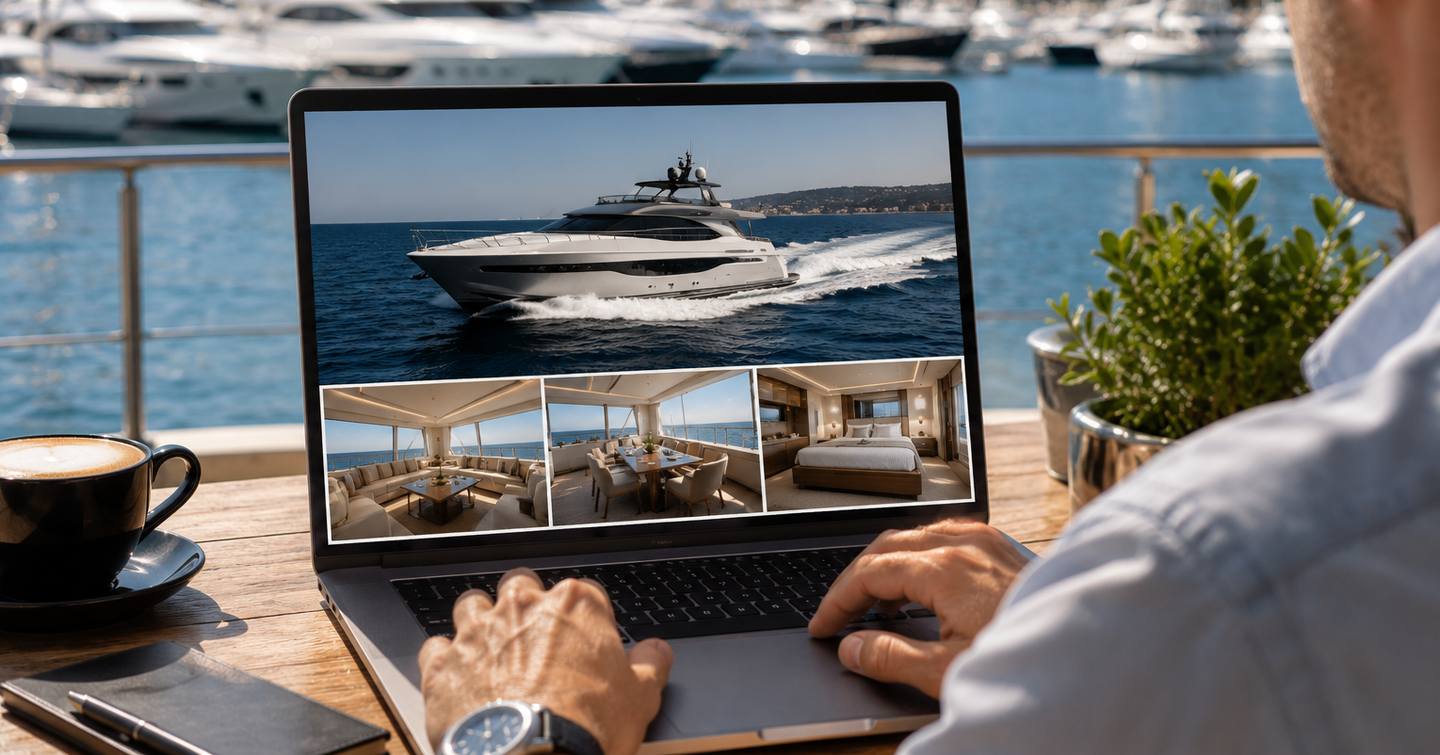 Man on computer at a marina looking at a yacht listing 