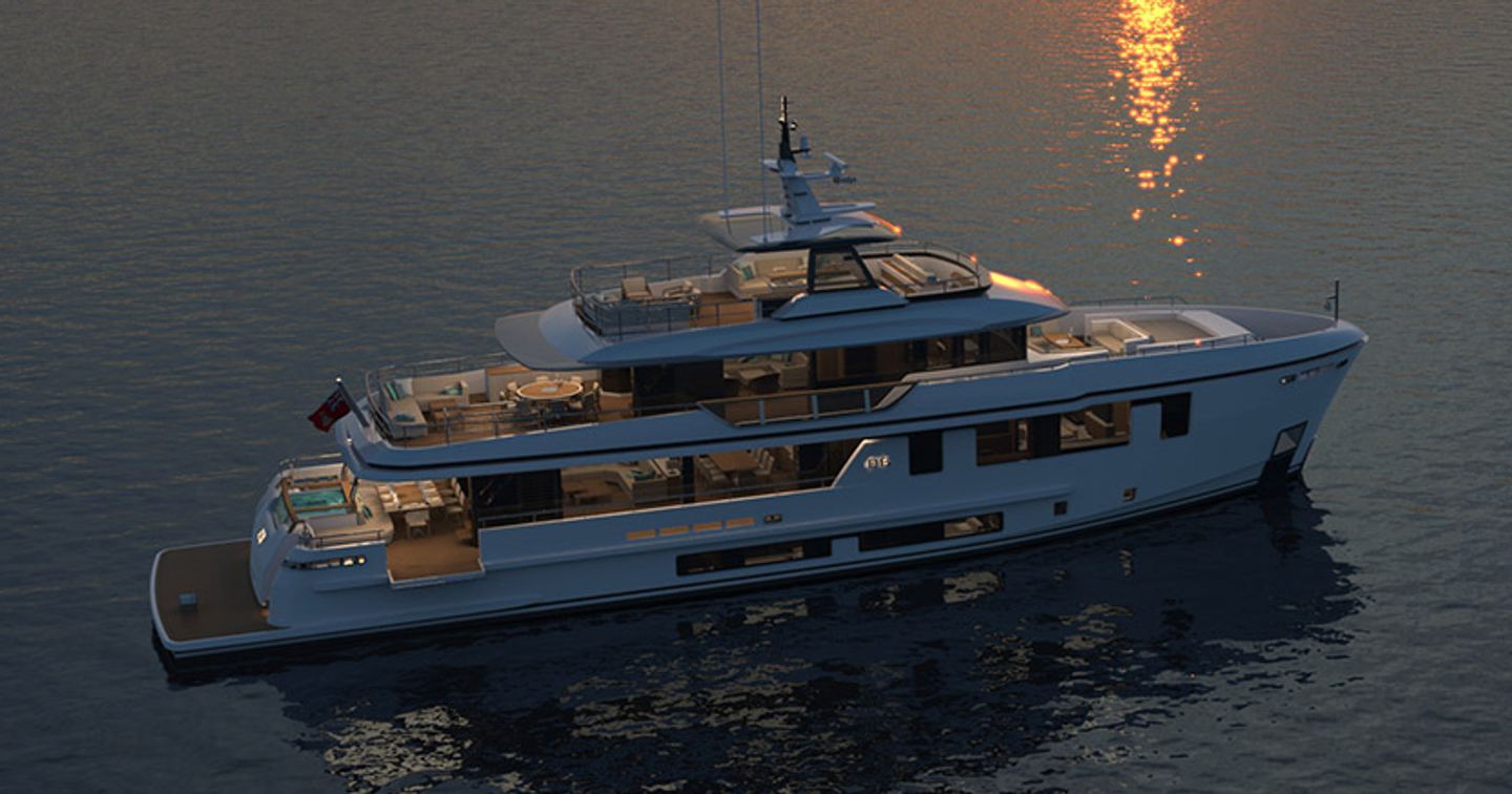 Rendering of CdM Deep Blue 115 Explorer Yacht with sunset reflection
