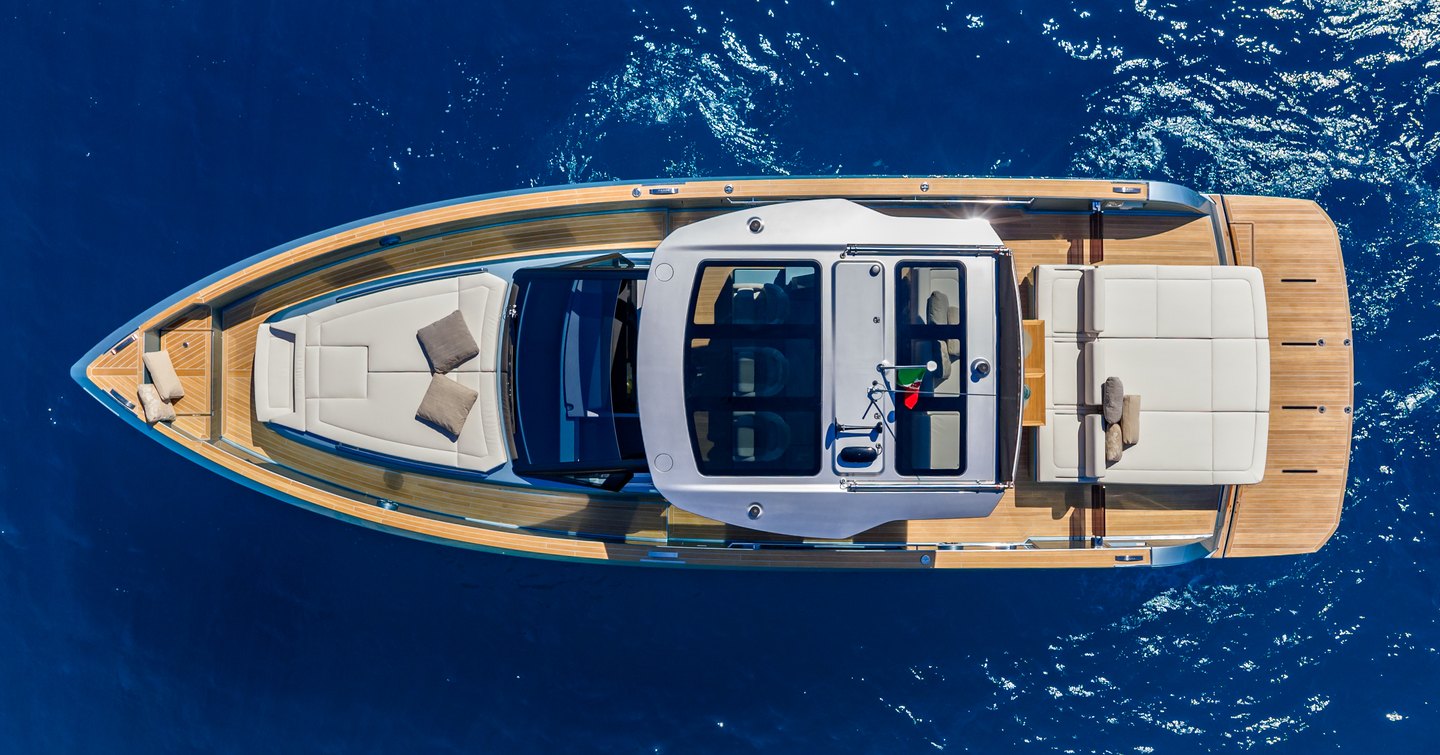 Aerial view of Pardo Yachts Pardo 43 motor yacht at anchor