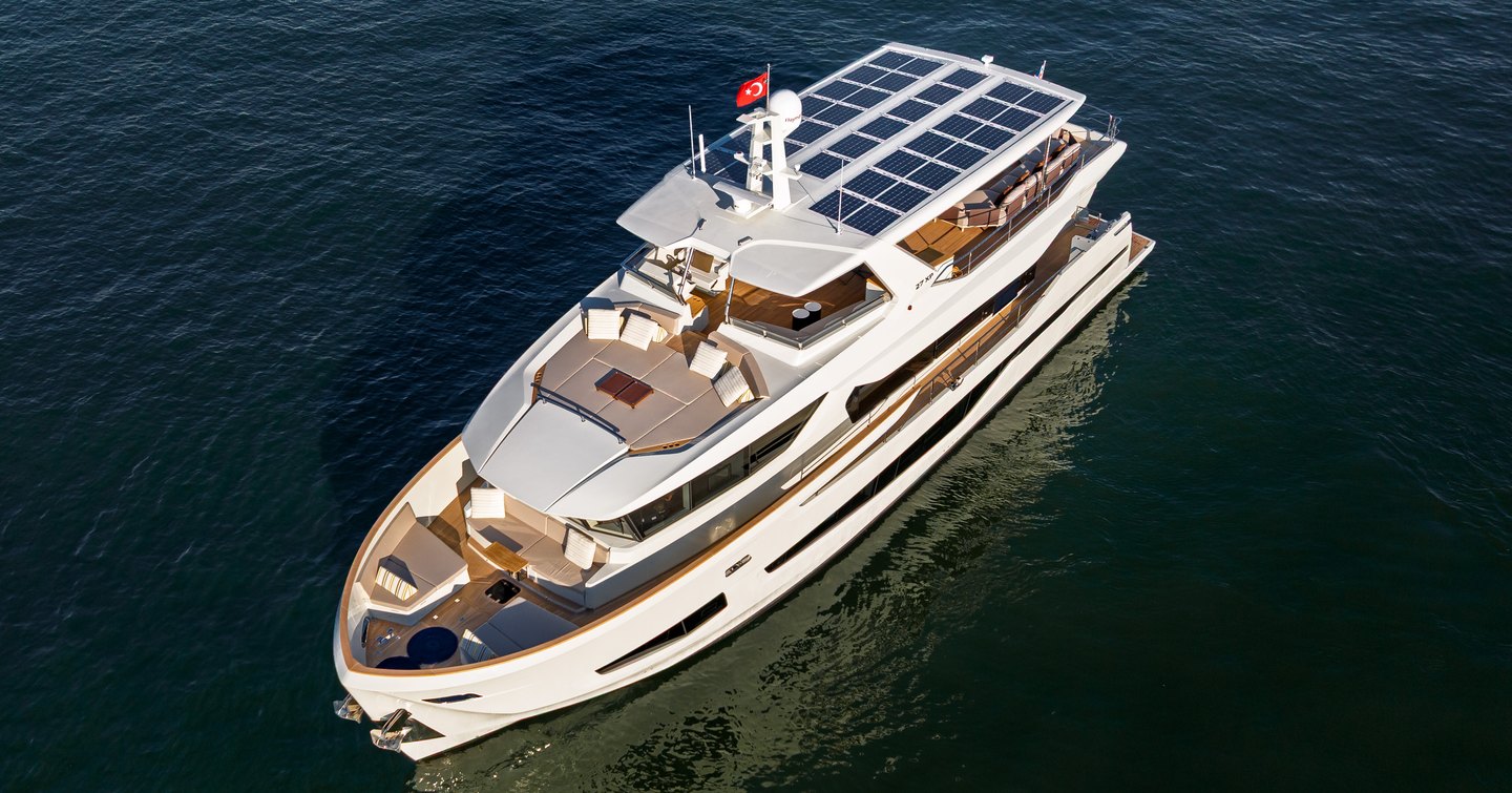 Numarine 27 XP Open motor yacht at anchor with solar panels  