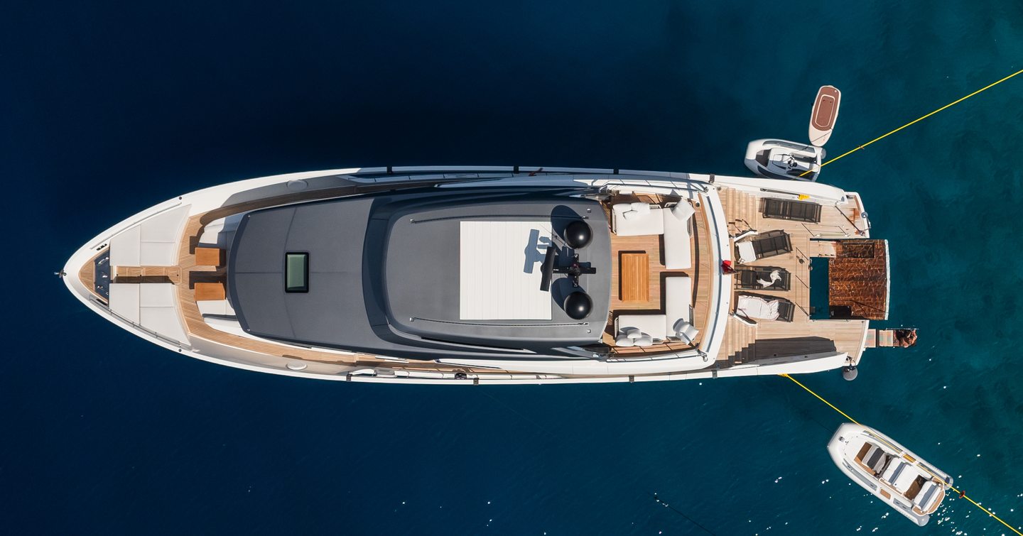  Sanlorenzo motor yacht Carra I at anchor aerial view 