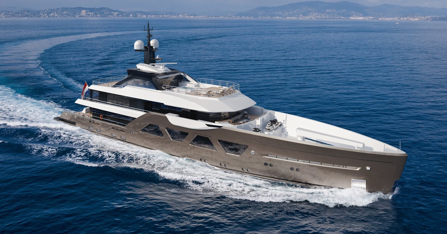 Elevated view of Amels 60 superyacht underway, surrounded by sea.