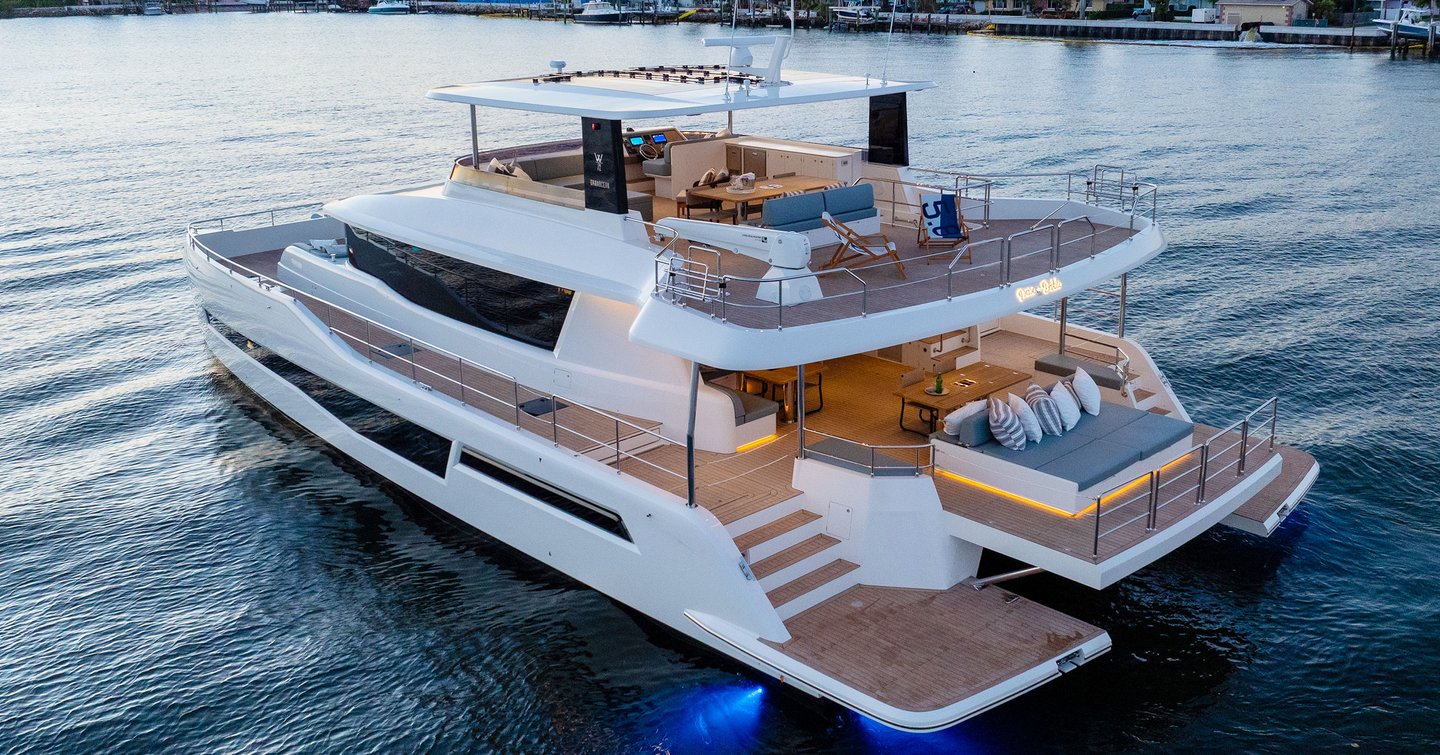 GranOcean W-72 Open catamaran at anchor stern view 