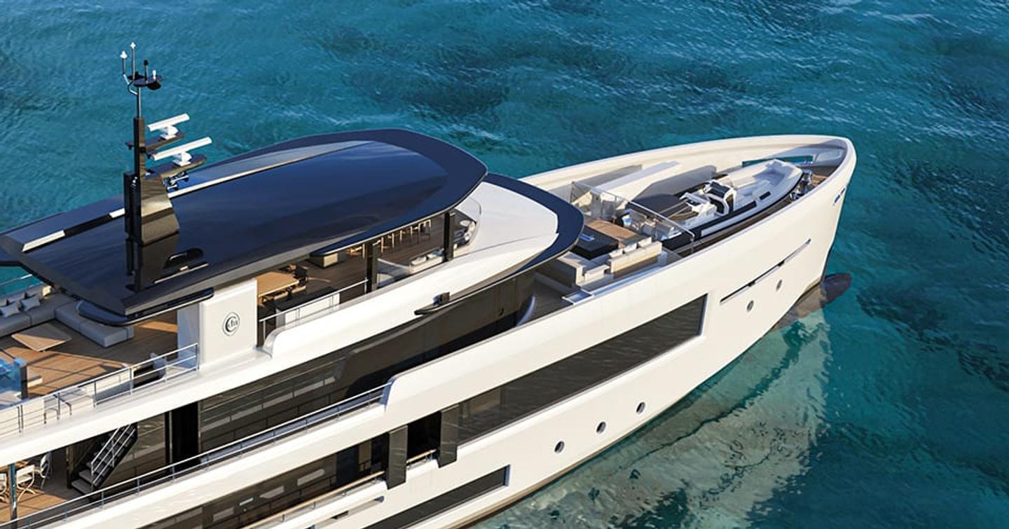 Rendering of Cantiere delle Marche Custom 45m explorer yacht foredeck with seating and tender