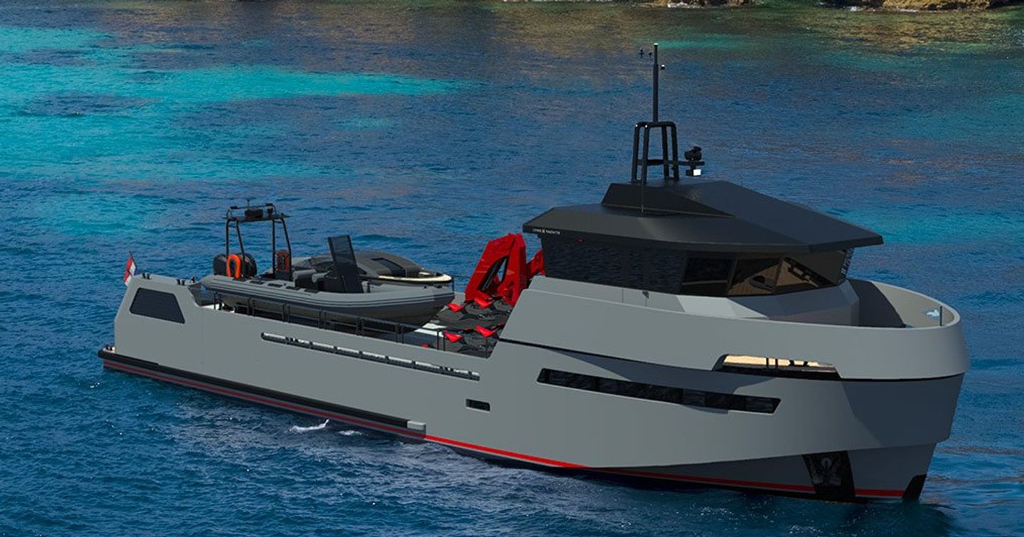 Rendering of Lynx YXT34 explorer yacht at anchor 