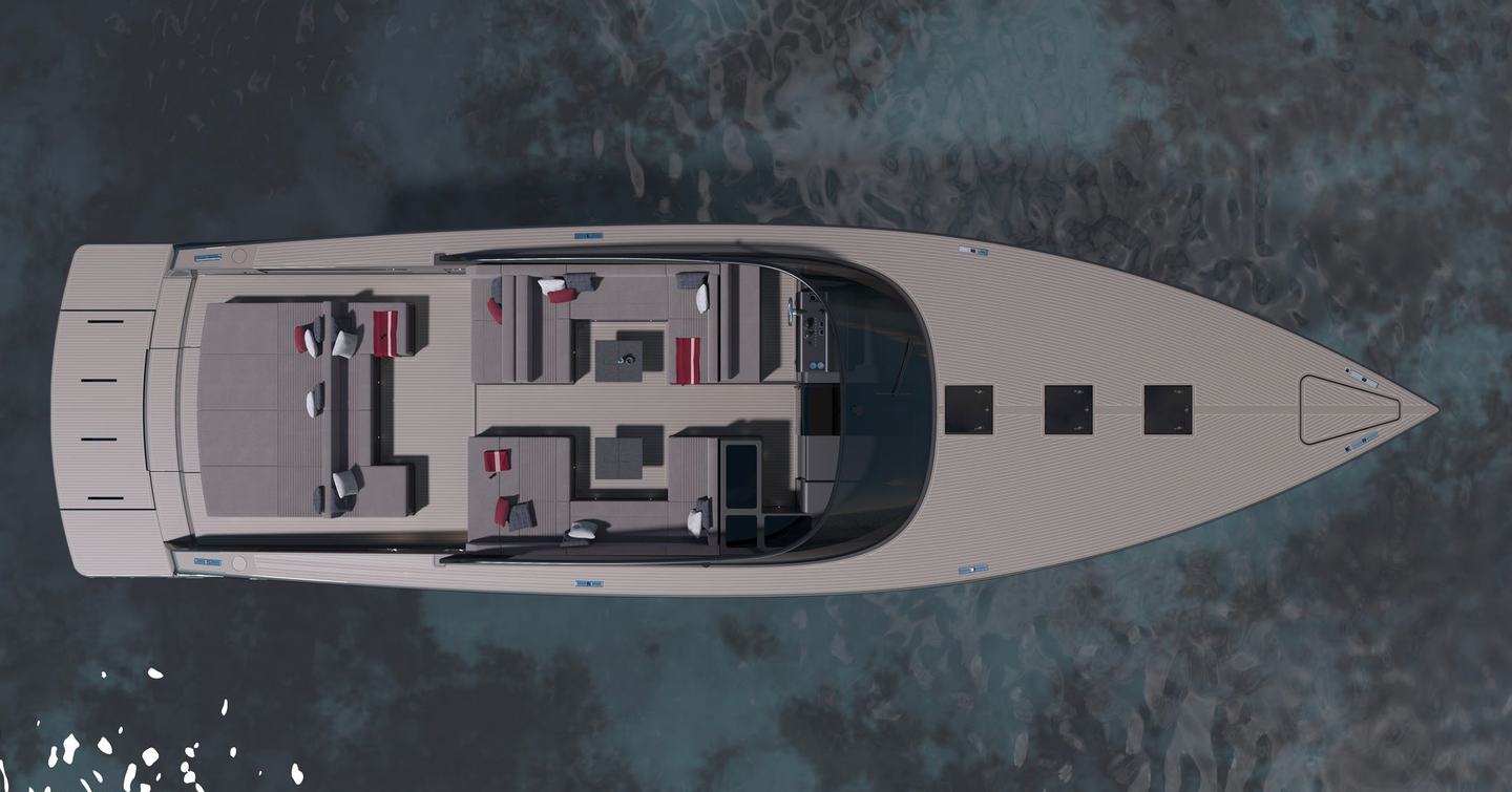 Aerial view rendering of VanDutch 75 motor yacht