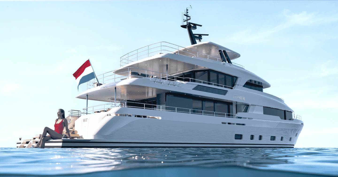 Moonen motor yacht YN208 stern view of beach club 
